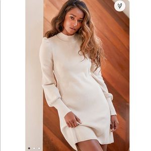 NWT Lulu’s Joy and Wonder Cream Balloon Sleeve Mini Sweater Dress sz S